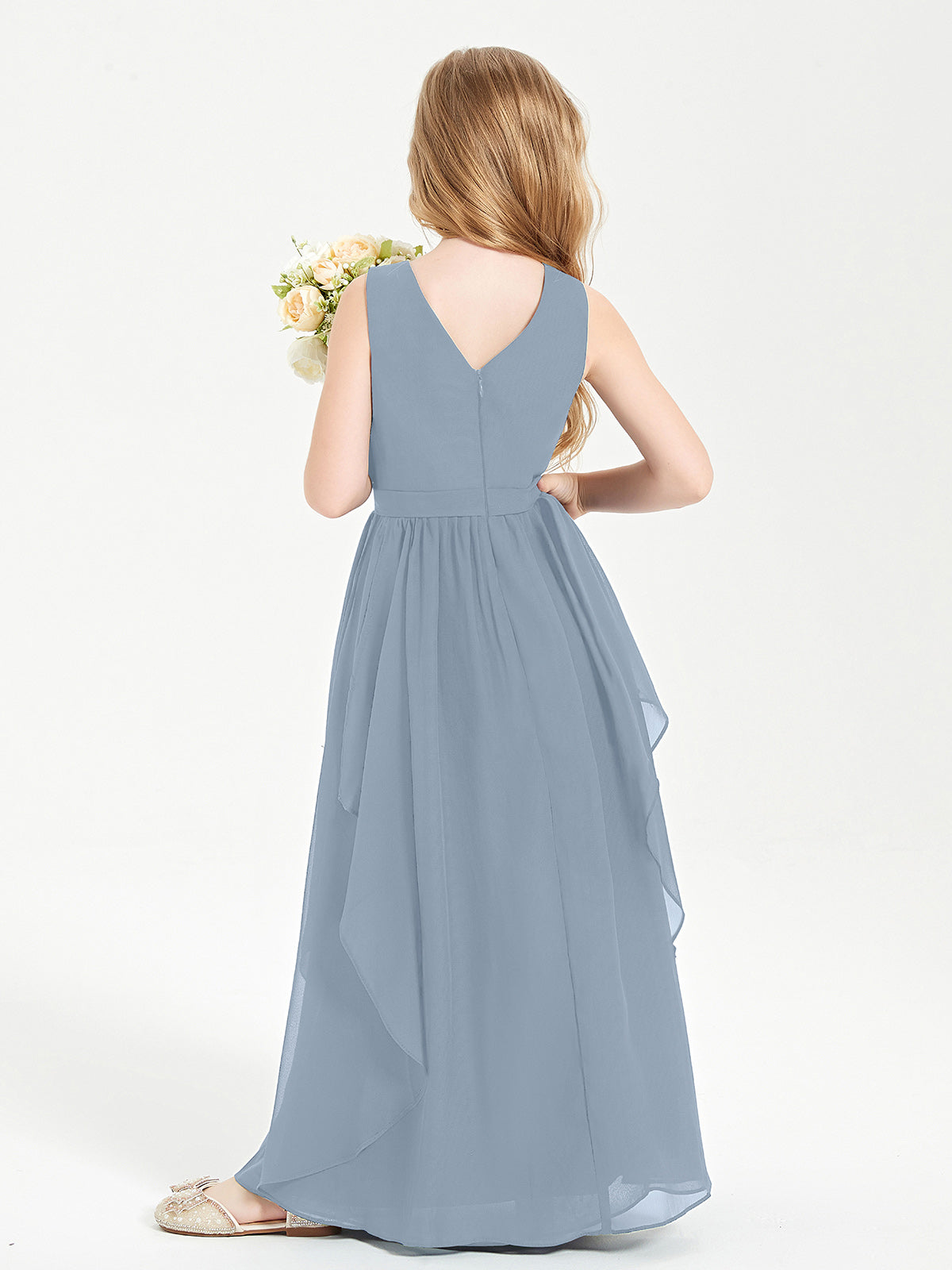 Boho Sleeveless Junior Chiffon Bridesmaids Gown Dusty Blue